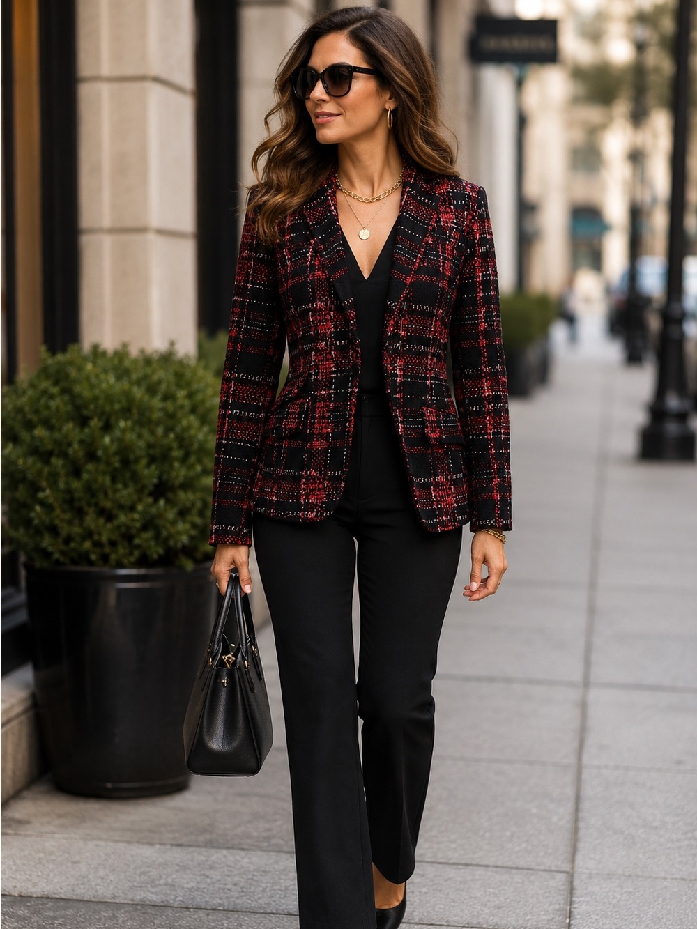 7TH AVENUE NY&CO Women's Black Red Gray Plaid Tailored Blazer 10 NEW